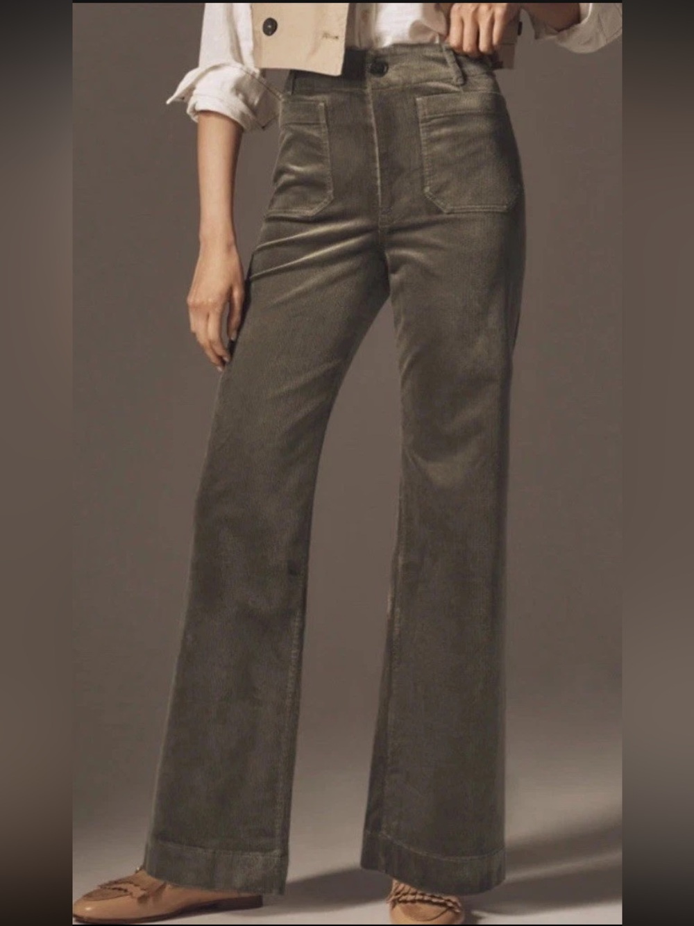 Maeve by Anthropologie Colette Corduroy Full Length Wide Leg Pants Green Size 28